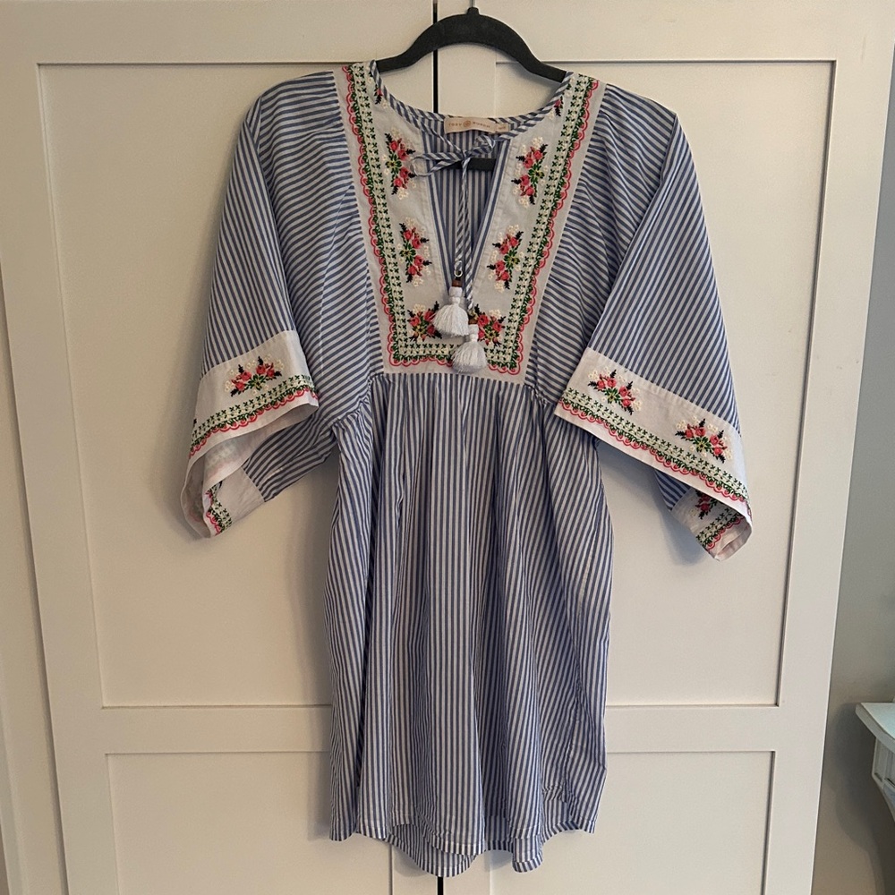 TORY BURCH STRIPED EMBROIDERED COTTON BEACH COVER-UP.